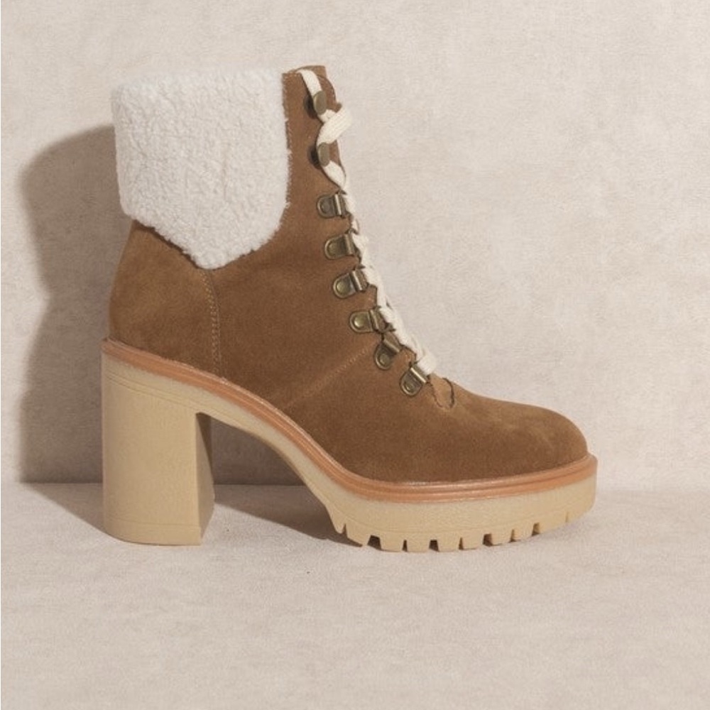 NWT Oasis Society Madilyn Camel Lace Up Chunky Heeled Boots Vegan Suede - Picture 4 of 8